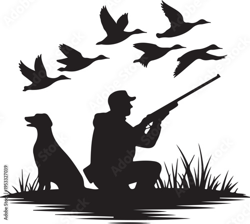Black silhouette of man with shotgun and dog hunting waterfowl