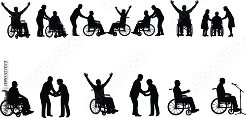 Wheelchair inclusion silhouette illustration, disability support artwork, empowerment design concept, community teamwork vector, accessibility lifestyle poster, diverse people interaction graphic