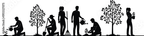 Gardening people silhouette illustration, community teamwork artwork, environmental care design, planting trees vector, eco friendly lifestyle concept, outdoor nature poster