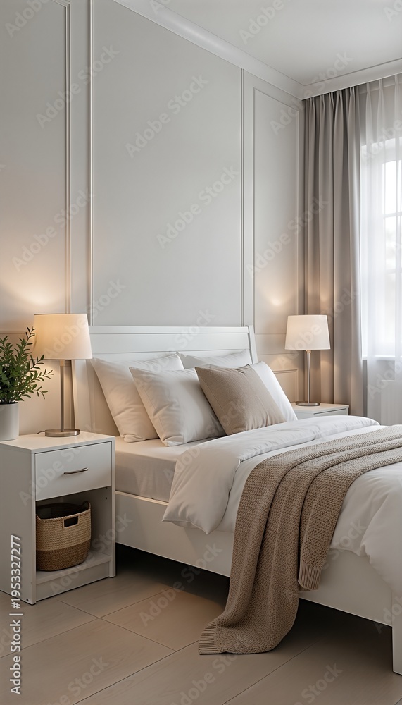 Fototapeta premium Modern Minimalist Bedroom Interior with White Decor, Neutral Tones, and Cozy Ambiance