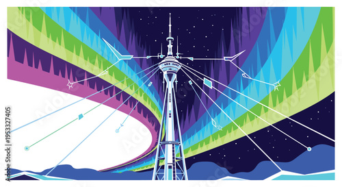 A sleek futuristic tower with multiple antennae captures energy from a vibrant rainbow aurora borealis under a starry night sky.