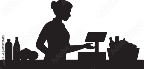 Black silhouette woman working at cash register with groceries