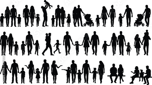Family Silhouette Collection with Parents, Children, Baby Stroller and Parenting Activities Showing Modern Family Lifestyle and Relationship Concept