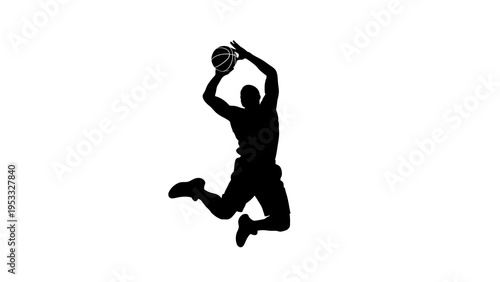 A black silhouette illustration of a sportsman jumping to dunk a basketball against a white background, conveying a dynamic and athletic mood with a focus on design and sports.