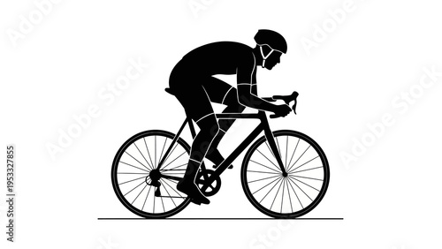 A black silhouette of a cyclist riding a bicycle in a simple, iconic design against a clean white background, conveying a sense of sports and action.