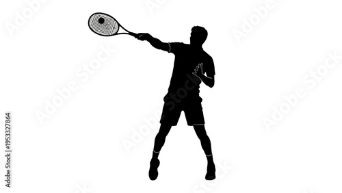 A black silhouette of a person playing tennis with a racket on a white background, depicting a dynamic sports action in a simple design.