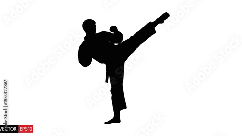 A black silhouette of a person performing a karate kick on a white background with a red and black Vector Stock logo, conveying a sense of martial arts and sports.
