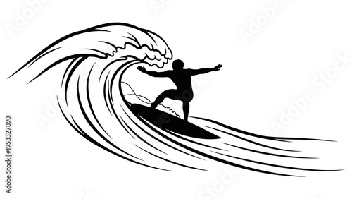 A black silhouette of a surfer riding a wave on a surfboard against a white background, with a dynamic illustration design conveying a sense of action and sports in a stylized, iconic
