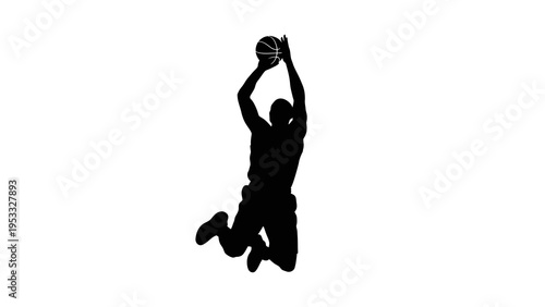 A black silhouette of a basketball player jumping to score against a white background, conveying a dynamic sports scene with a focus on athletic action and competitive event.