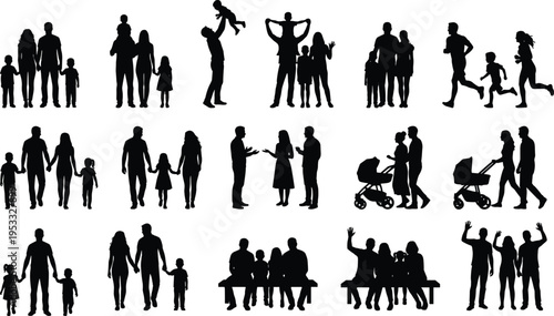 Family Silhouette Collection Showing Parents, Children, Couples and Parenting Activities for Modern Family Lifestyle and Relationship Concept Design