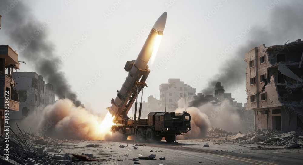 Obraz premium Missile Launch Amidst War-Torn Cityscape.