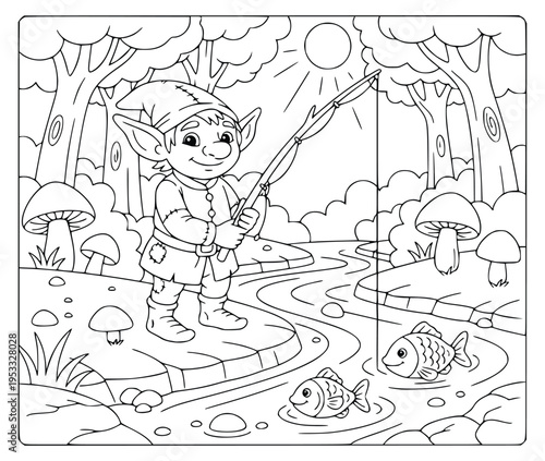 Mythology coloring page of a cute fantasy elf fishing in an enchanted river