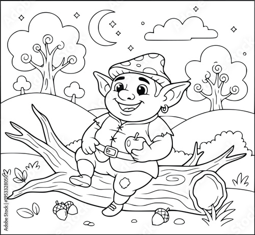  Mythology coloring page of a cute fantasy gnome eating an apple on a log at night
