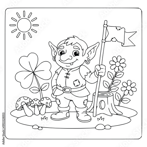 Mythology coloring page of a cute fantasy elf holding a tattered flag