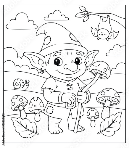 Mythology coloring page of a cute forest elf with a mushroom staff and a bat