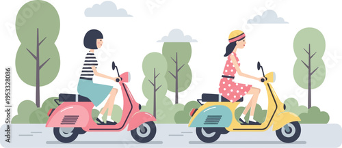 Two women ride scooters through a park. They smile as they glide past green trees. Soft clouds drift above the peaceful path. Colorful scooters add cheerful contrast. Perfect for travel, lifestyle