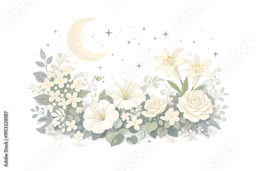 Dreamy moonlit white floral illustration with lilies, roses, and delicate blossoms beneath a crescent moon, perfect for wedding stationery, feminine branding, luxury decor, and serene night-themed 
