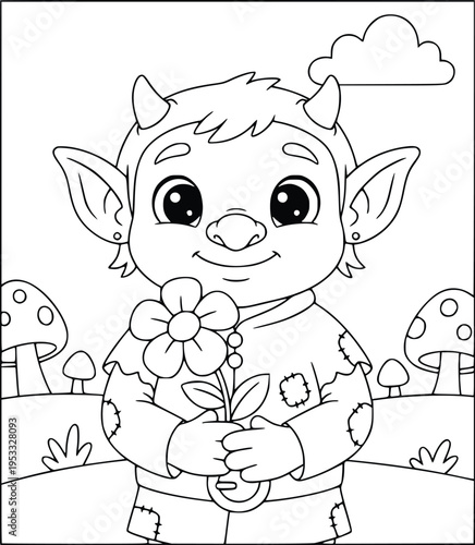 Mythology coloring page of a cute horned goblin holding a flower