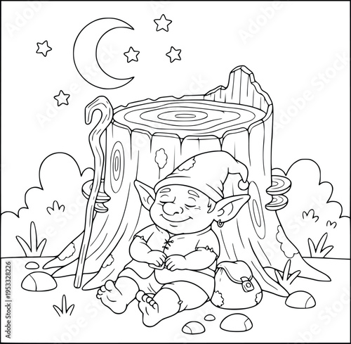 Mythology coloring page of a cute fantasy gnome sleeping against a tree stump at night