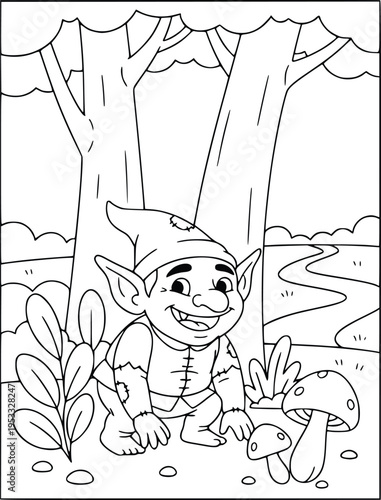 Mythology coloring page of a cute forest elf crouching near mushrooms and trees