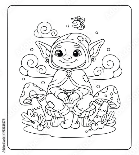 Mythology coloring page of a cute hooded elf sitting on a mushroom