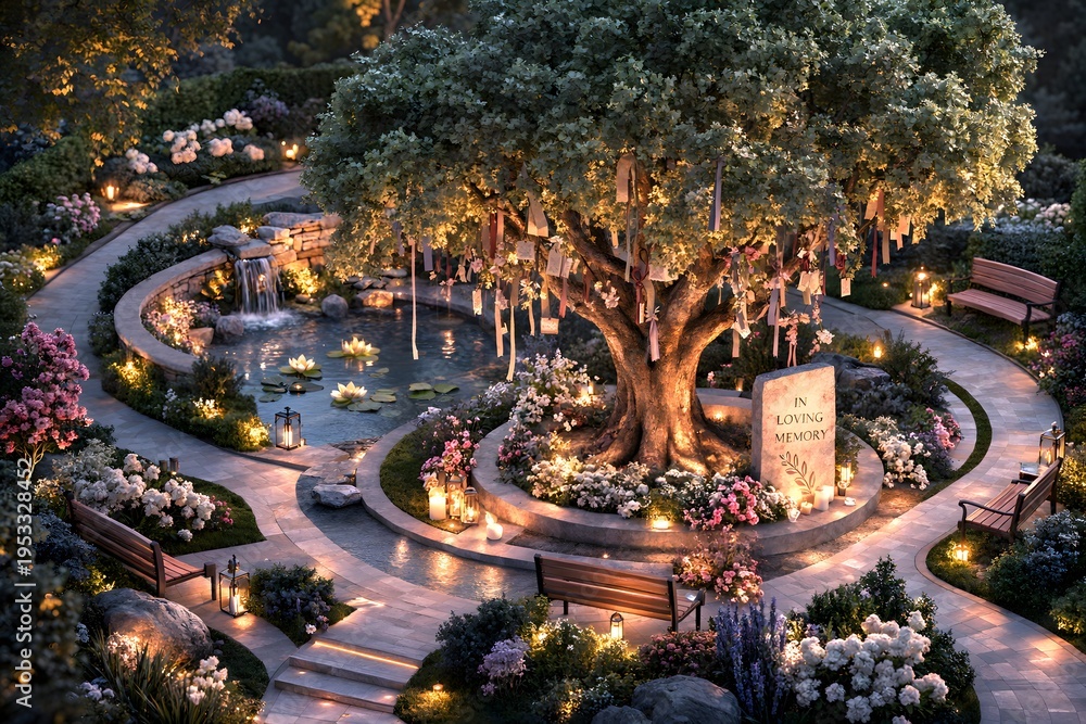 Obraz premium Enchanting illuminated blossom tree in a moonlit formal garden with lanterns, fountains, and winding paths, a luxurious fantasy landscape ideal for wedding editorials