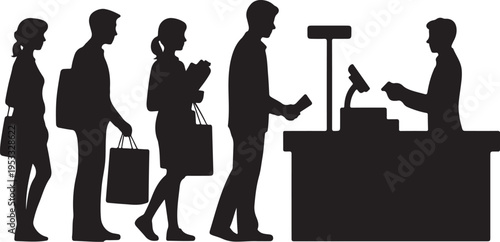 Black silhouettes of people in line at a checkout counter