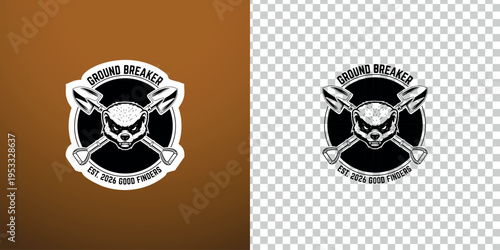 Ground Breaker Good Finders Angry Badger Crossed Shovels Black Badge, mascot Logo Est 2026 Sticker Style Two Variant Editable Vector EPS