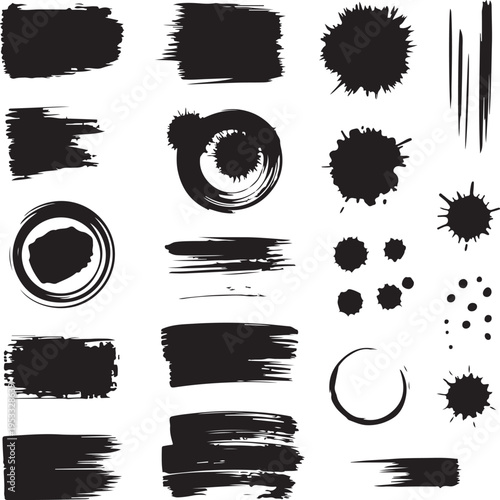 Vector ink splashes stencil. Very detailed collection mockups brush strokes for text and design. Black inked splatter dirt stain splattered spray splash with drops blots. Vector isolated set boxes