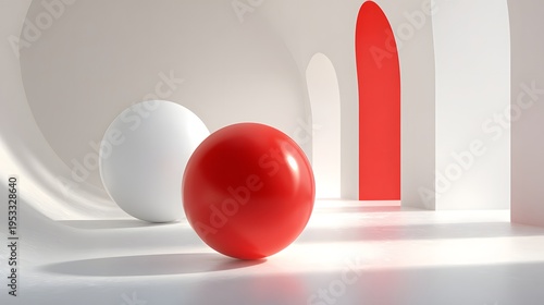 Minimalist Abstract Composition with Red and White Spheres and Arches.