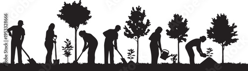 Set of 7 people planting trees vector silhouettes isolated on Transparent Background