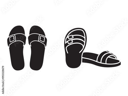Blackandwhite illustration of sandals with buckle straps on white background for graphic design