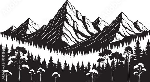 Black and white mountain landscape vector illustration isolated on Transparent Background