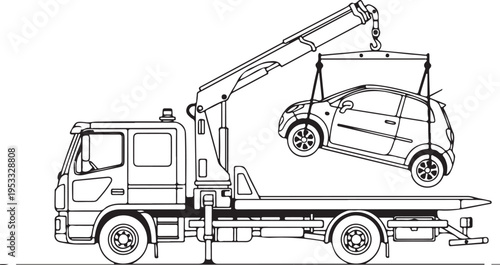 Vector illustration of car being lifted by tow truck crane isolated on Transparent Background