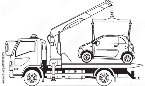Vector illustration of car being towed by flatbed truck isolated on Transparent Background