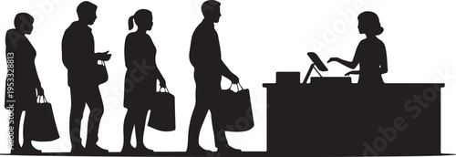 Black silhouettes of people in line at a checkout counter