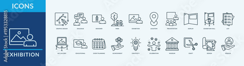 Exhibition - Icon Collection. Thin Outline Line Set contains such Icons as graphic design, museum, park and more. Simple web icons set