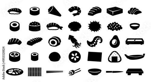 Sushi Ingredient Silhouettes Set – Japanese Food Icons Collection Black Vector Seafood, Fish, Nori, Rice, Avocado