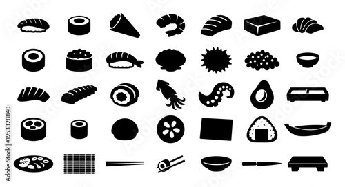 Sushi Ingredient Silhouettes Set – Japanese Food Icons Collection Black Vector Seafood, Fish, Nori, Rice, Avocado