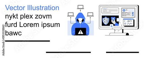 Cybersecurity, hacking threats, online safety, data protection, network vulnerabilities, and internet monitoring. Hooded figure with laptop, shield icons, network connections and computer interface