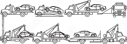 Set of 8 car tow truck illustrations vector isolated on Transparent Background