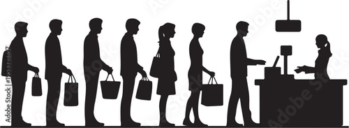Black silhouettes of people in line at a checkout counter