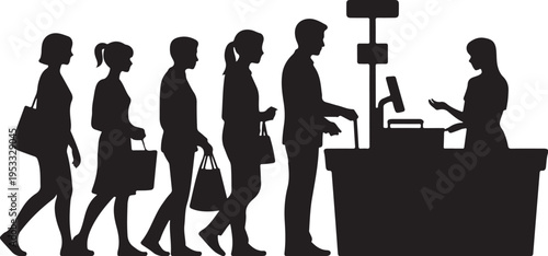 Black silhouettes of people in line at a checkout counter