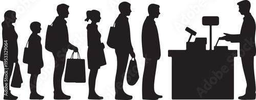 Black silhouettes of people in line at a checkout counter