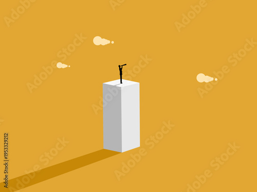 businessman stood looking through a telescope from a high vantage point