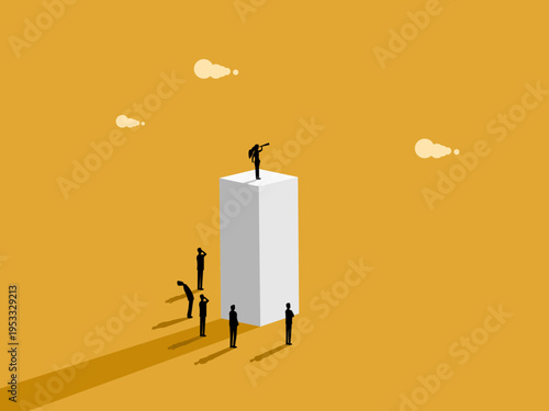 businesswoman stands looking through a telescope from a high vantage point, far above the others