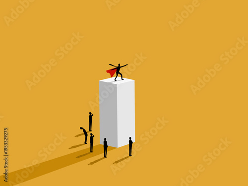 business hero stands leading his team