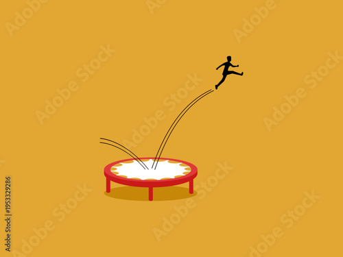 businessman jumps high on a trampoline