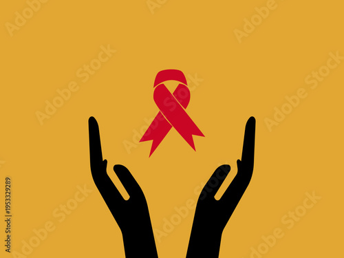 Red ribbon in the hands. Vector  illustration