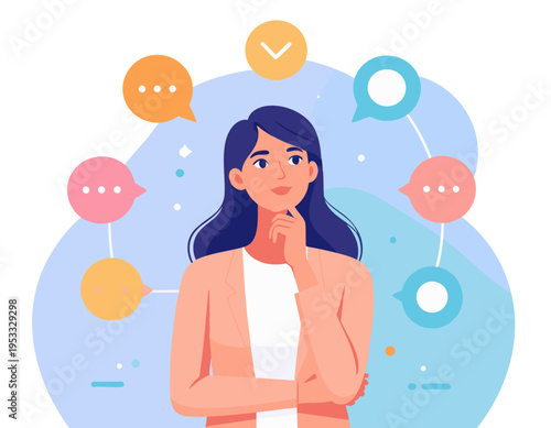 modern flat vector illustration of a person thinking with hand on chin